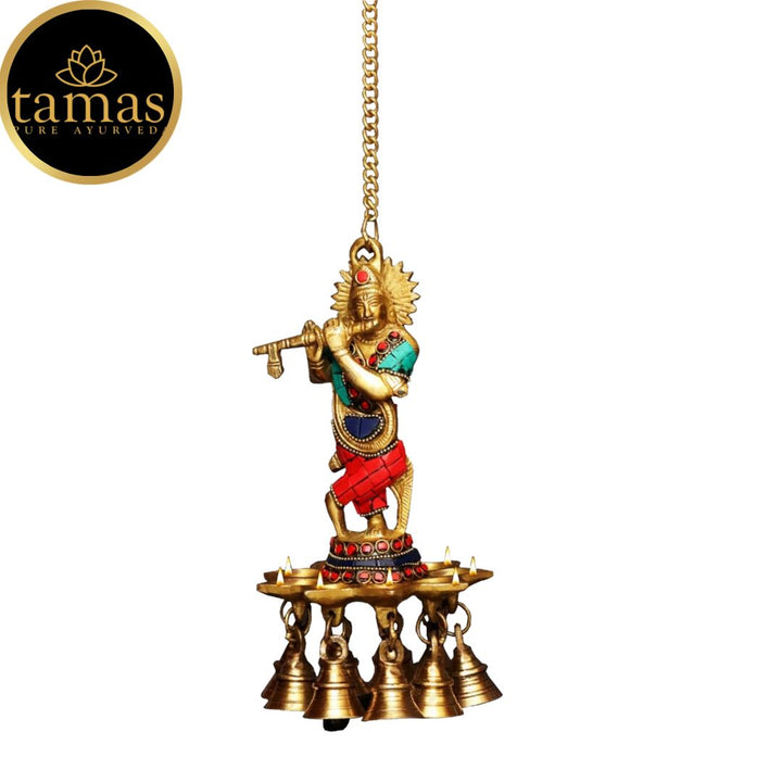 Tamas Brass Krishna Wall Hanging Diya Oil Lamp With Bells (9 Inches, Multicolor) (Pack of 1)