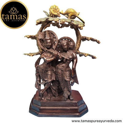 Tamas Brass Handcrafted Radha Krishna Yugal Jodi with Flute Statue / Idol with Antique Finish (12 x 6 x 14 Inches, Golden & Brown) (Pack of 1)