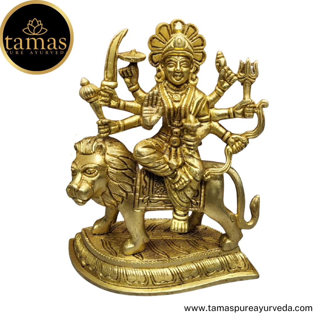 Tamas Brass Handcrafted  Ambe/Durga Maa Idol Murti for Mandir Statue / Idol with Antique Finish (6 x 2.5 x 6 Inches, Golden) (Pack of 1)