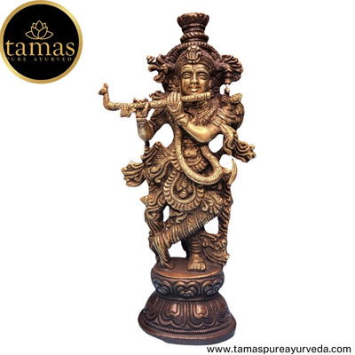 Tamas Brass Handcrafted Lord Krishna Murti Playing Flute Statue / Idol with Antique Finish (3 x 2 x 9.5 Inches, Golden) (Pack of 1) Free Premium Gift Box