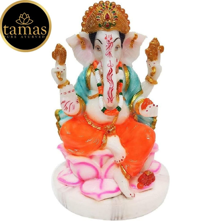 Tamas Marble Dust Gold Plated Lord Ganesha Statue (9 Inches, Multicolor)