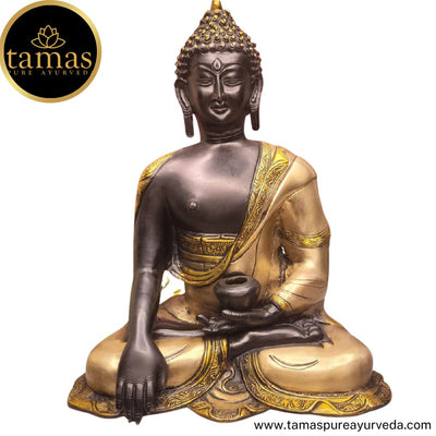 Tamas Brass Handcrafted Lord Buddha Sakyamuni Statue / Idol with Antique Finish (13 x 8.5 x16 Inches, Brown & Golden) (Pack of 1)