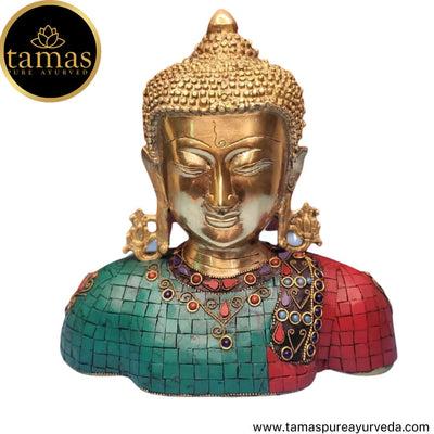 Tamas Brass Handcrafted stone worked Buddha Head Statue / Idol with Antique Finish (9.5 x 4 x 10 Inches, Multicolour) (Pack of 1)