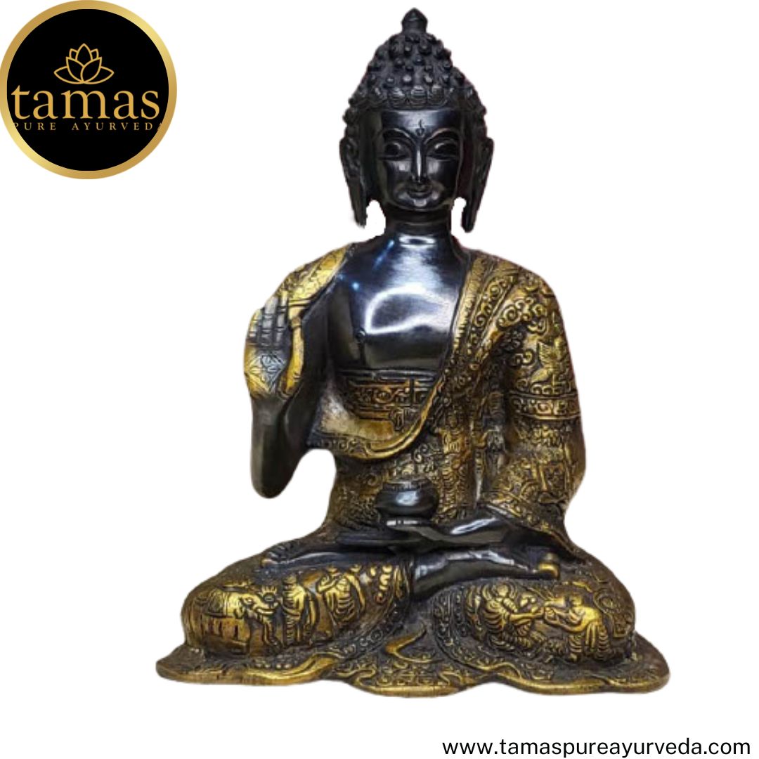 Tamas Brass Handcrafted Lord Buddha Statue / Idol with Antique Finish (8 x 5 x 10 Inches, Golden & Black) (Pack of 1)