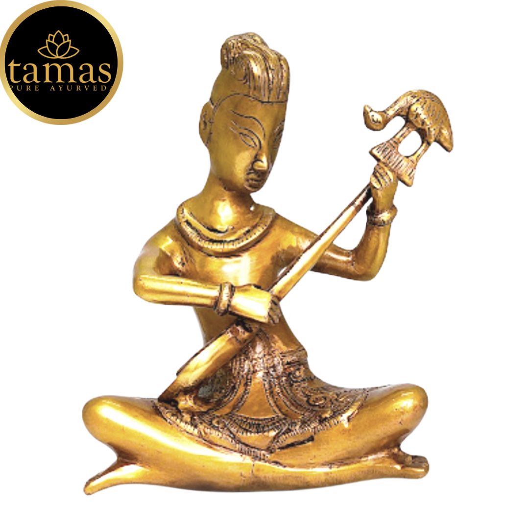 Tamas Brass Musician Sitting with Musical Instrument Sitar Showpiece (7 x 9 Inches, Golden) (Pack of 1)