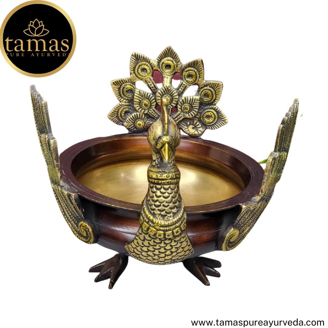 Tamas Brass Handcrafted Ethnic Peacock Carving Design Urli Showpiece (8 x 8 x 8.5 Inches, Golden & Brown) (Pack of 1)