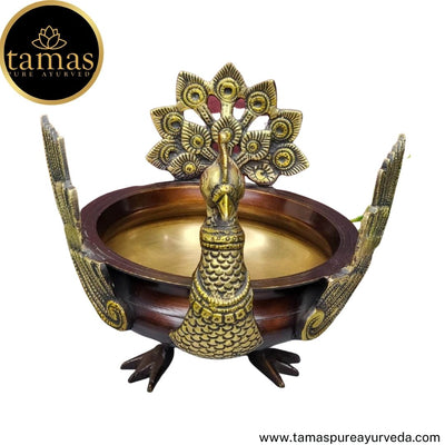 Tamas Brass Handcrafted Ethnic Peacock Carving Design Urli Showpiece (8 x 8 x 8.5 Inches, Golden & Brown) (Pack of 1)