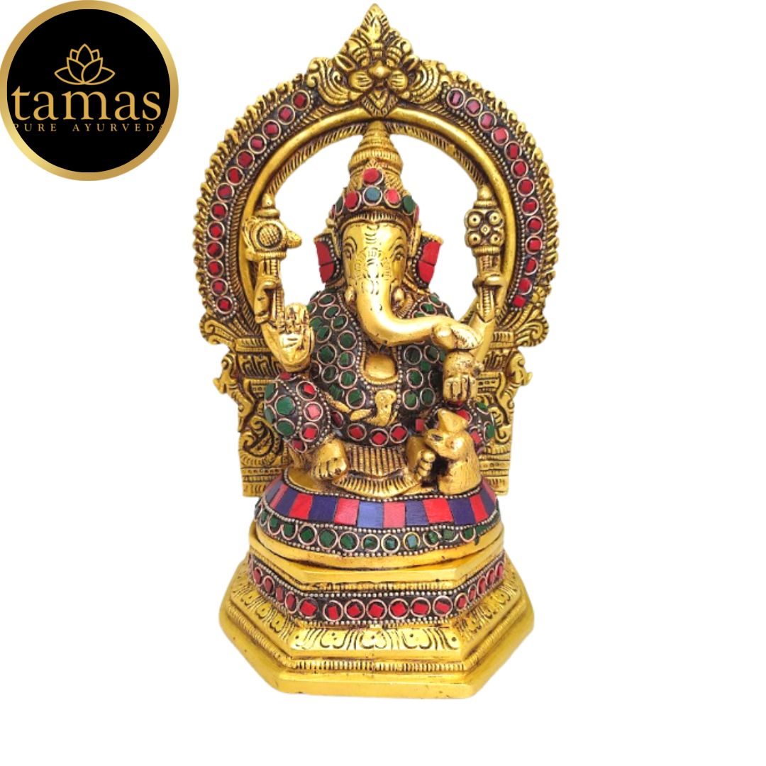 Tamas Brass Ganesh Bhagwan Sitting Posturel and Decorated with Multicolored Stone (Multicolor) Height 9.6 inches | Free Luxury Gift Box