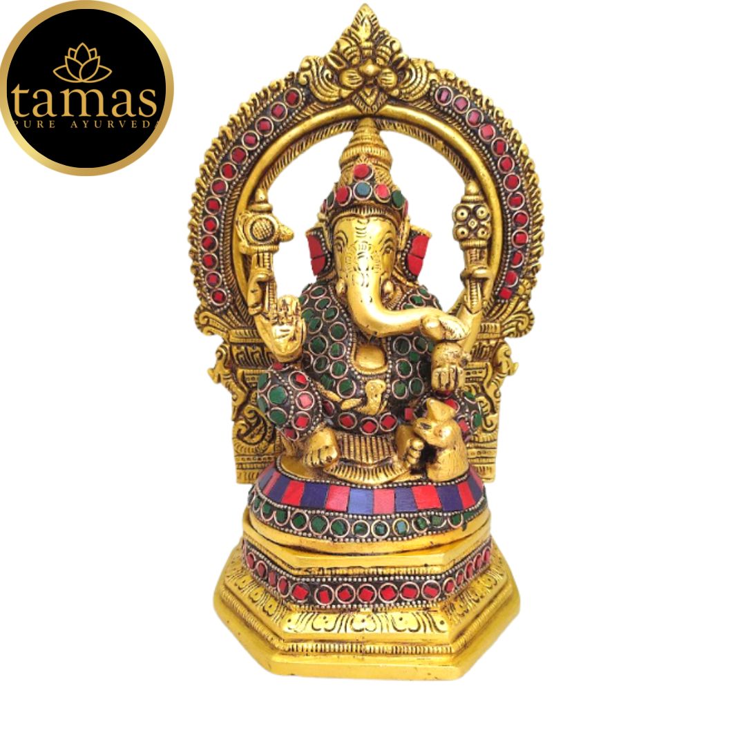 Tamas Brass Ganesh Bhagwan Sitting Posturel and Decorated with Multicolored Stone  (Multicolor) Height 9.6 inches