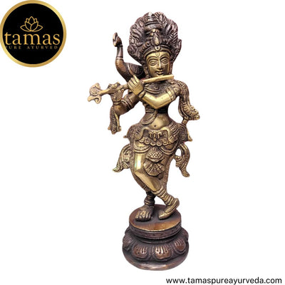 Tamas Brass Handcrafted Flute Playing Krishna with Peacock  Statue / Idol with Antique Finish (3 x 3 x 10 Inches, Golden) (Pack of 1)