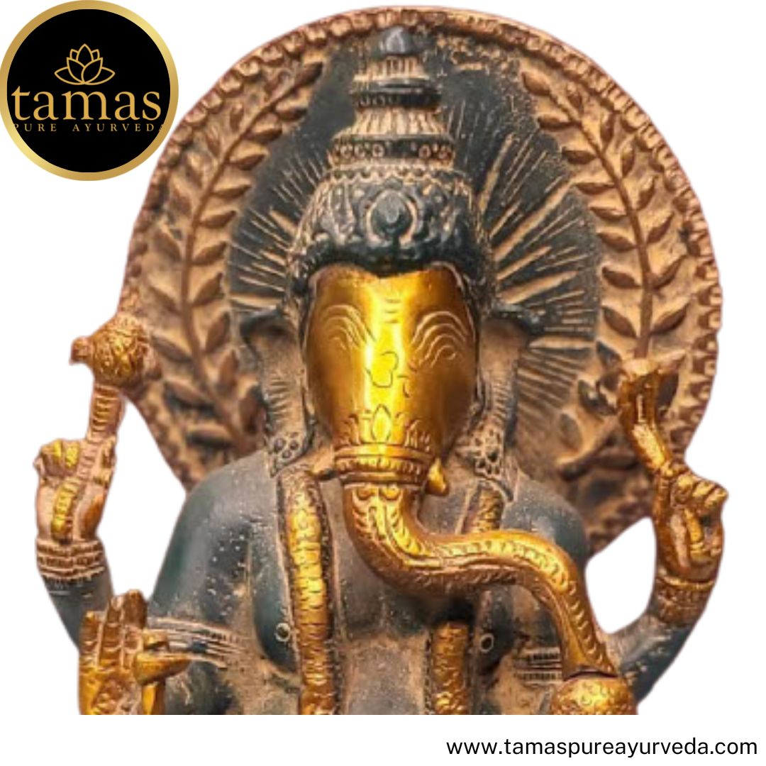 Tamas Brass Handcrafted Lord of Prosperity and Fortune Ganesha Statue Sitting on Lotus  Statue / Idol with Antique Finish (6.5 x 6.5 x 9 Inches, Multicolour) (Pack of 1)