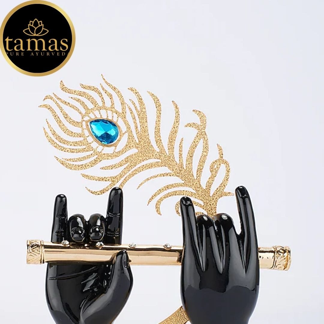 Gold Plated Flute With Krishna's Peacock Feather