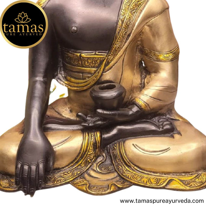Tamas Brass Handcrafted Lord Buddha Sakyamuni Statue / Idol with Antique Finish (13 x 8.5 x16 Inches, Brown & Golden) (Pack of 1)