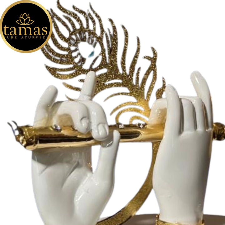 Gold Plated Flute With Krishna's Peacock Feather