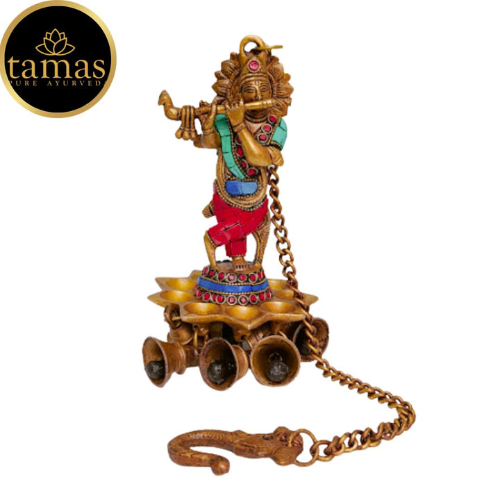 Tamas Brass Krishna Wall Hanging Diya Oil Lamp With Bells (9 Inches, Multicolor) (Pack of 1)