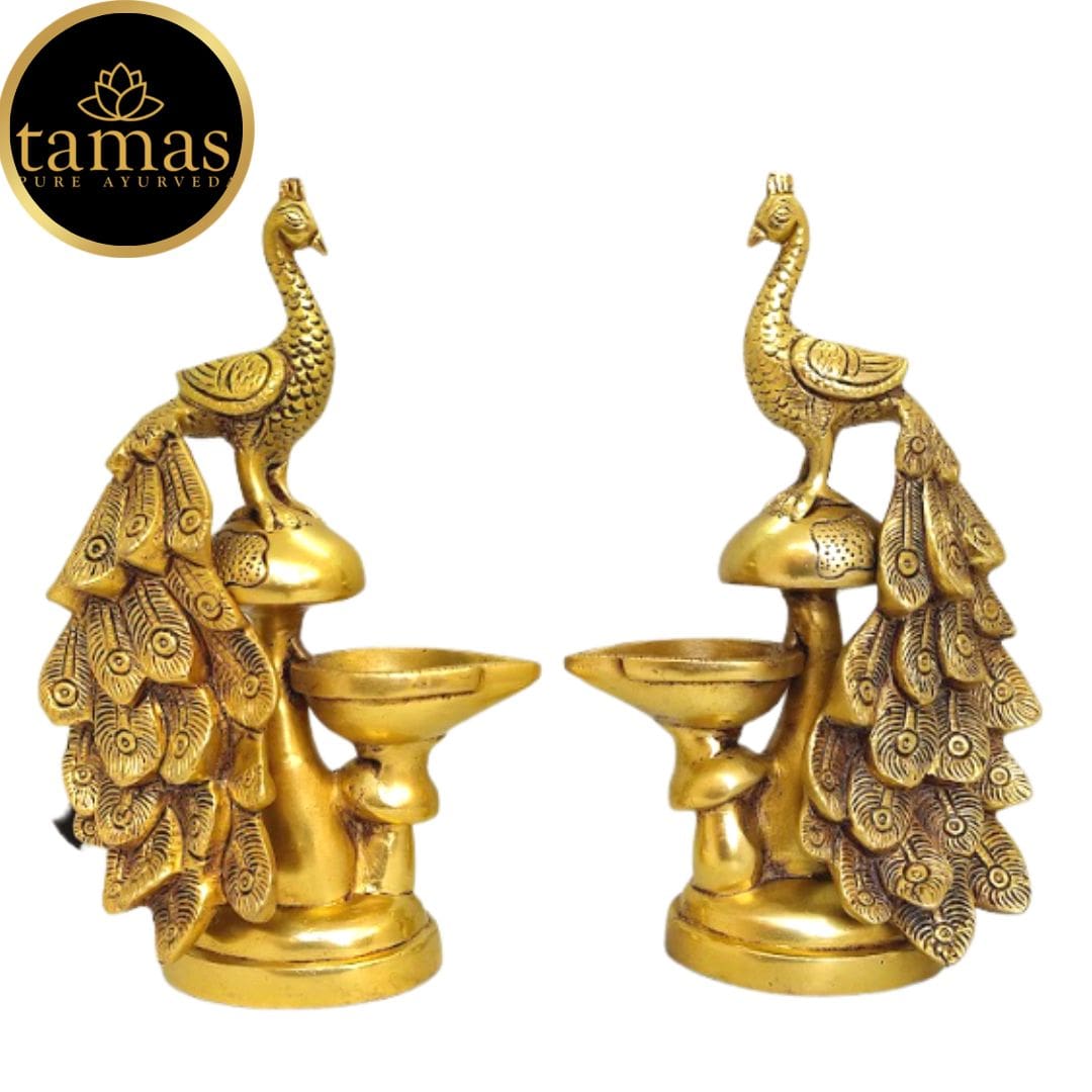 Tamas Brass Peacock Diya Stand Oil Lamp for Pooja Room Home Decor (Golden) Height 9 inches - Tamas: Luxury Indian Gifts