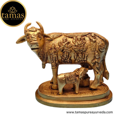 Tamas Brass Handcrafted Kamdhenu Cow and Calf Statue / Idol with Antique Finish (5 x 3.5 x 5 Inches, Golden) (Pack of 1)