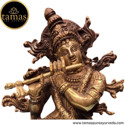 Tamas Brass Handcrafted Lord Krishna Bhagwan Playing Flute with Gau MATA Metal Murti Statue / Idol with Antique Finish (6 x 5.5 x 12 Inches, Brown) (Pack of 1)