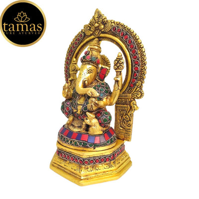 Tamas Brass Ganesh Bhagwan Sitting Posturel and Decorated with Multicolored Stone  (Multicolor) Height 9.6 inches
