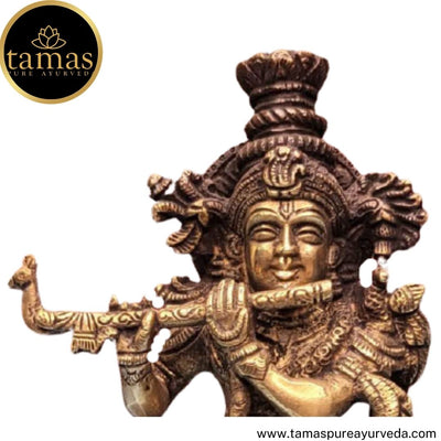 Tamas Brass Handcrafted Lord Krishna Murti Playing Flute Statue / Idol with Antique Finish (3 x 2 x 9.5 Inches, Golden) (Pack of 1) Free Premium Gift Box
