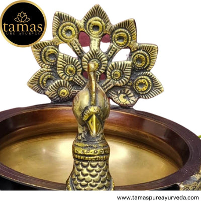 Tamas Brass Handcrafted Ethnic Peacock Carving Design Urli Showpiece (8 x 8 x 8.5 Inches, Golden & Brown) (Pack of 1)