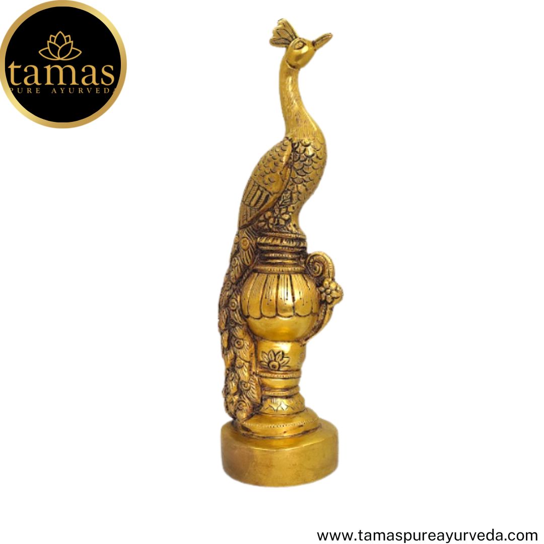 Tamas Brass Handcrafted Peacock Sitting on a Urn Statue / Idol with Antique Finish (2 x 3 x 11 Inches, Golden)