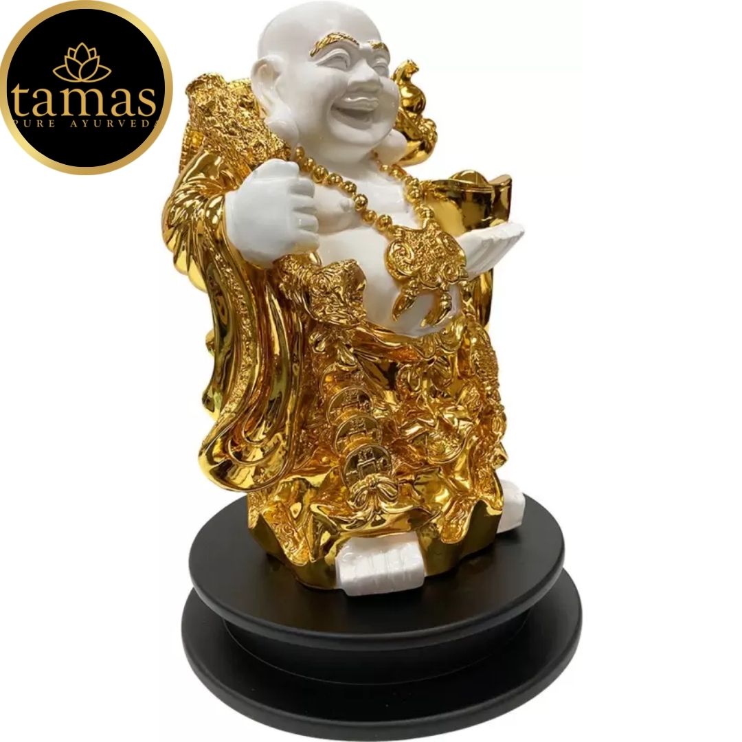 Tamas Poly Resin Gold Plated Fengshui God Laughing Buddha Statue (15.5 Inches, White and Gold)