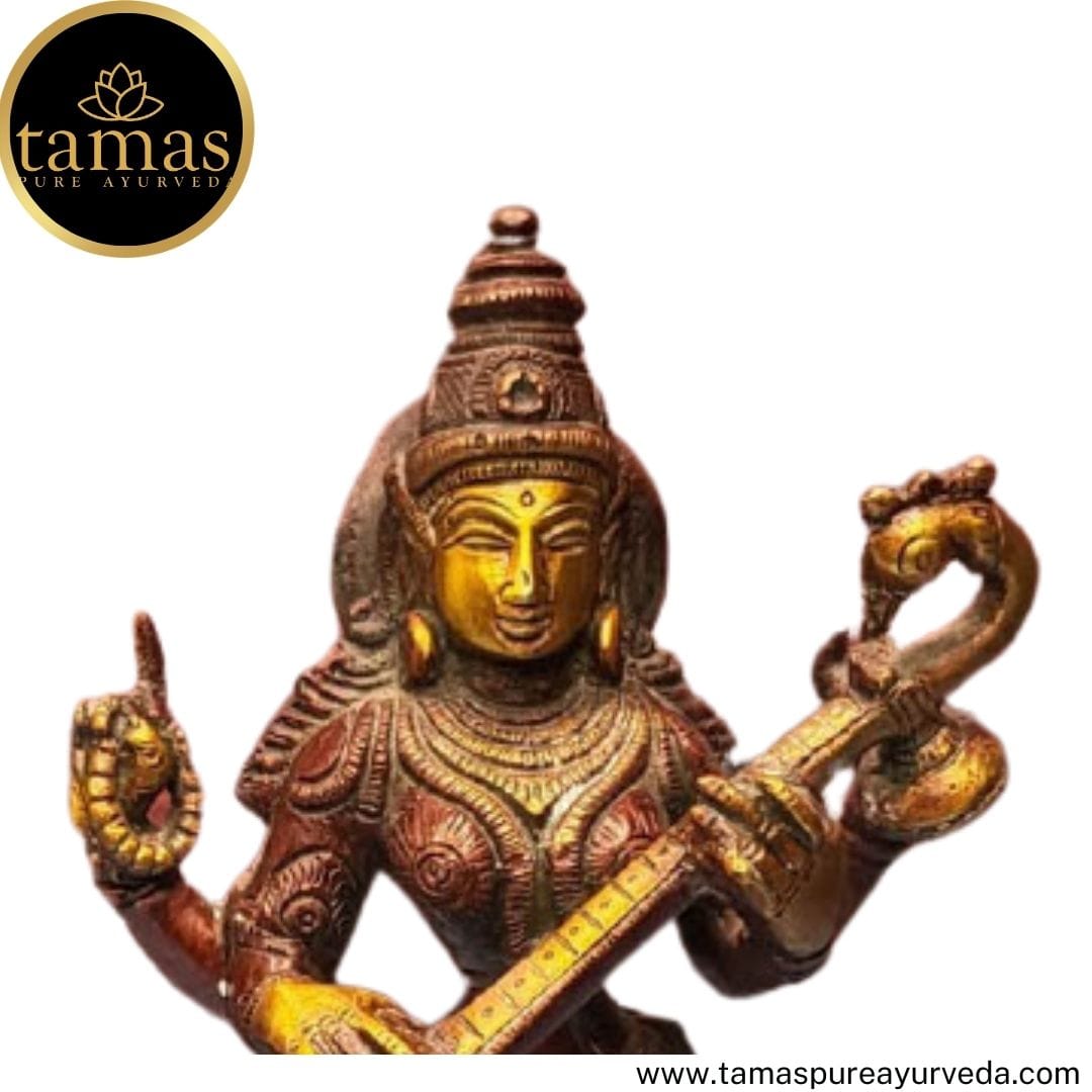 Tamas Brass Handcrafted Standing Statue of Goddess Saraswati Statue / Idol with Antique Finish (4 x 4 x 11 Inches, Golden & Brown) (Pack of 1) - Tamas: Luxury Indian Gifts