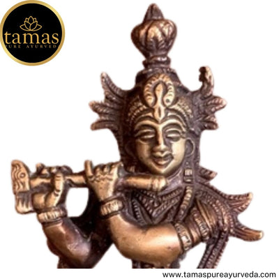 Tamas Brass Handcrafted Flute Playing Krishna with peacock  Statue / Idol with Antique Finish (2 x 2 x 6.5 Inches, Golden & Brown) (Pack of 1)