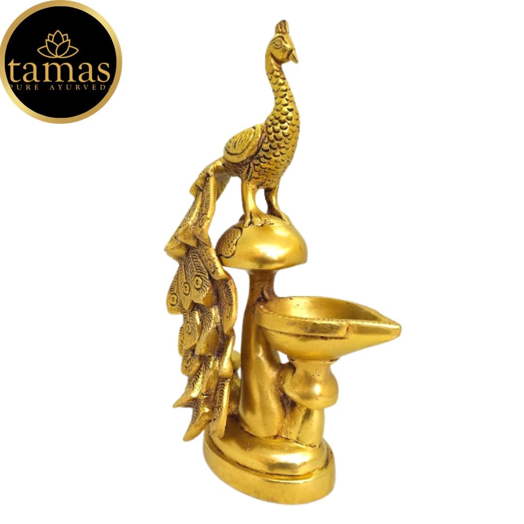 Tamas Brass Peacock Diya Stand Oil Lamp for Pooja Room Home Decor (Golden) Height 9 inches - Tamas: Luxury Indian Gifts
