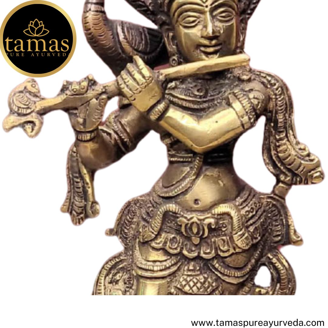Tamas Brass Handcrafted Flute Playing Krishna with Peacock  Statue / Idol with Antique Finish (3 x 3 x 10 Inches, Golden) (Pack of 1)
