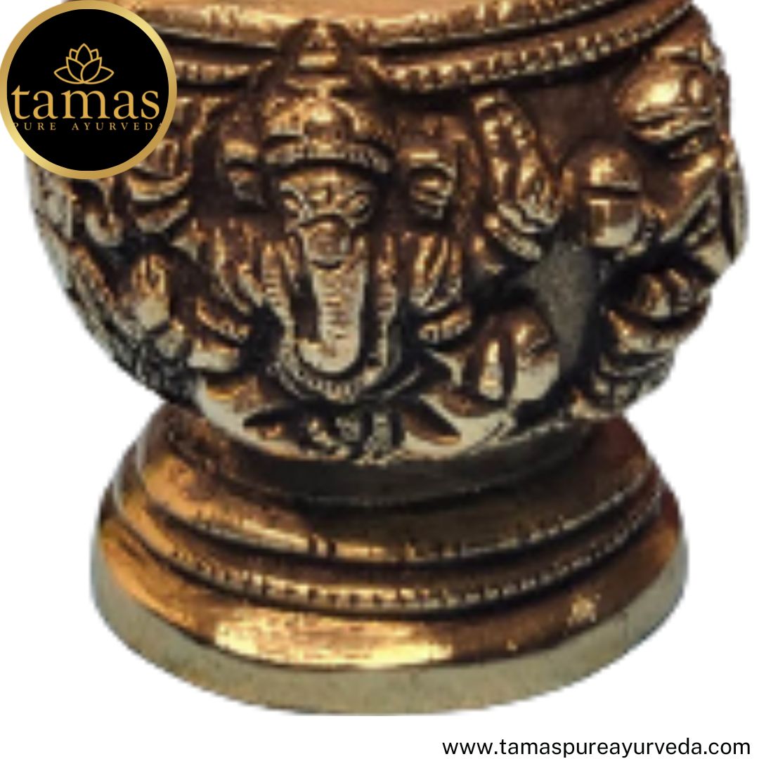 Tamas Brass Handcrafted Mangalam Kalash Nariyal & Leafs with Antique Finish (2.5 x 2.5 x 6 Inches, Golden) (Pack of 1)