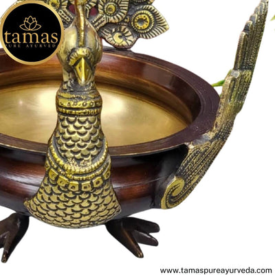 Tamas Brass Handcrafted Ethnic Peacock Carving Design Urli Showpiece (8 x 8 x 8.5 Inches, Golden & Brown) (Pack of 1)