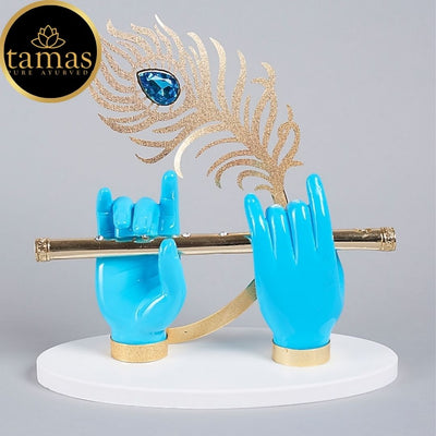 Tamas Gold Plated Divine Flute With Krishna's Peacock Feather ( Blue & gold) Pack of 1