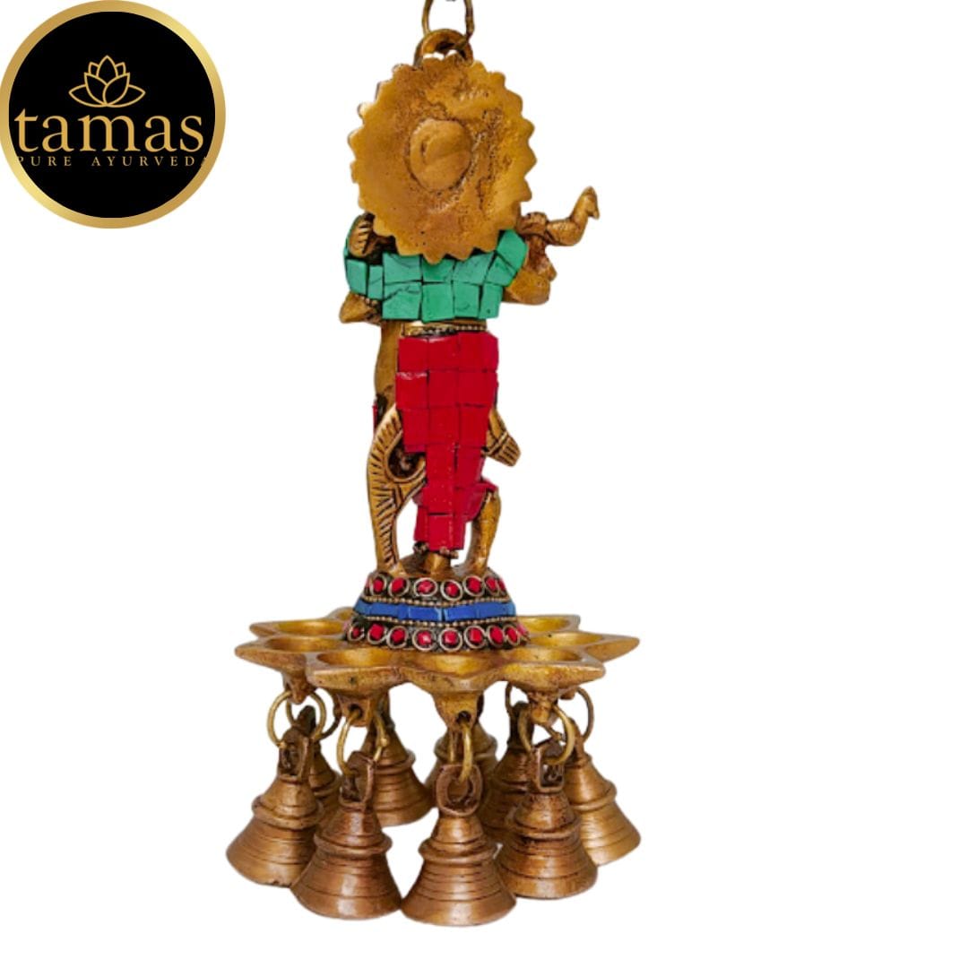 Brass Krishna Wall Hanging Diya Oil Lamp With Bells