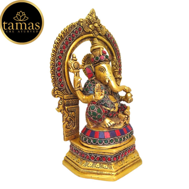 Tamas Brass Ganesh Bhagwan Sitting Posturel and Decorated with Multicolored Stone (Multicolor) Height 9.6 inches | Free Luxury Gift Box