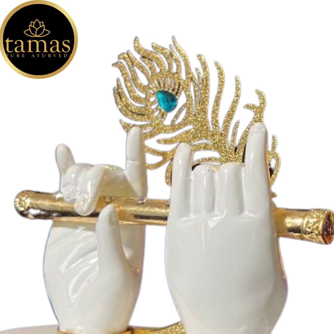 Gold Plated Flute With Krishna's Peacock Feather