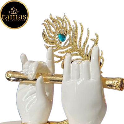 Tamas Gold Plated Divine Flute With Krishna's Peacock Feather ( White & gold) Pack of 1