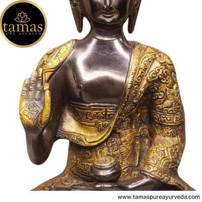 Tamas Brass Handcrafted Buddha Statue Handmade Sitting Blessing Buddhism Statue / Idol with Antique Finish (7.5 X 5 X 10 Inches, Brown & Golden) (Pack of 1)