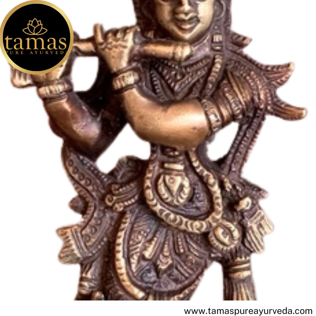 Tamas Brass Handcrafted Flute Playing Krishna with peacock  Statue / Idol with Antique Finish (2 x 2 x 6.5 Inches, Golden & Brown) (Pack of 1)