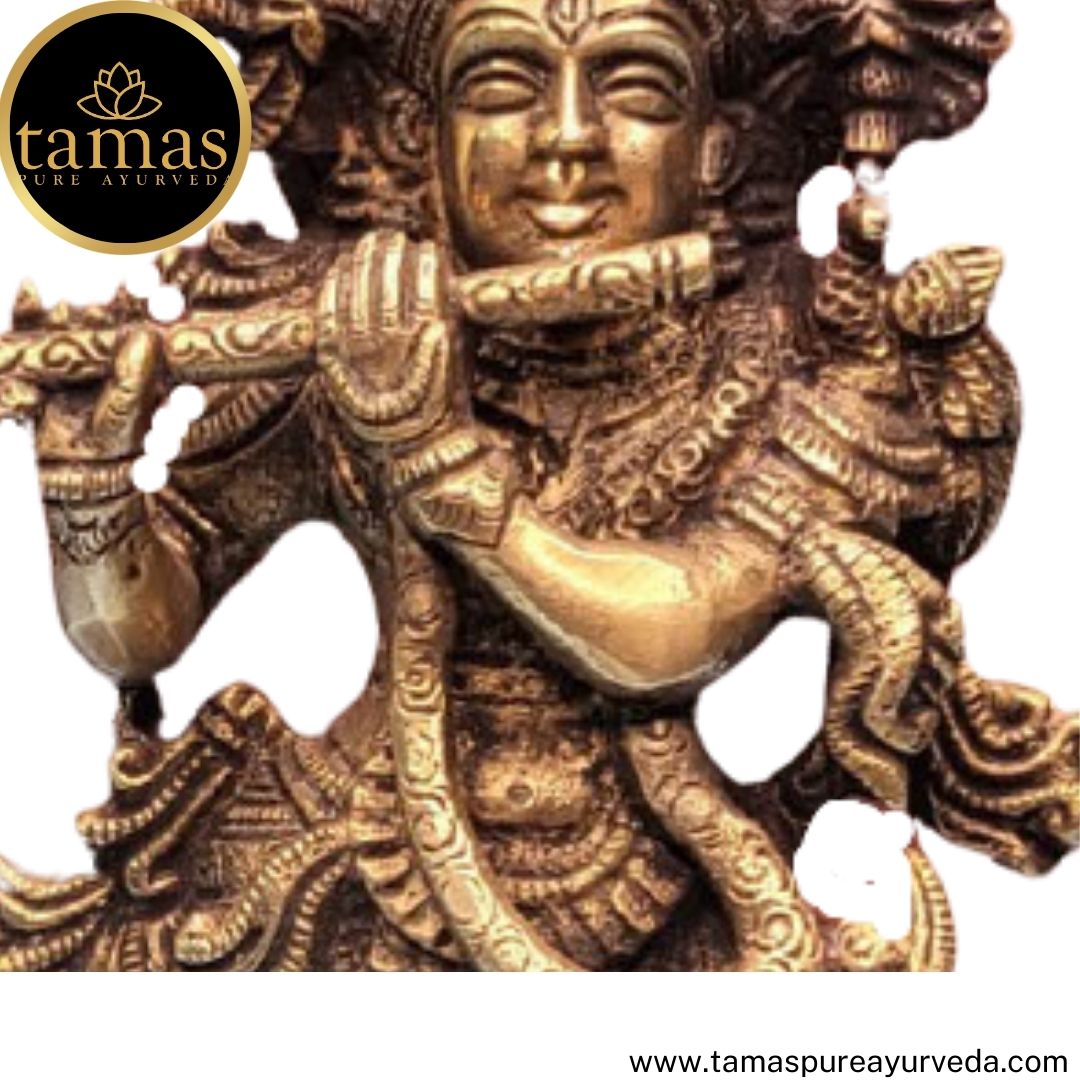 Tamas Brass Handcrafted Lord Krishna Murti Playing Flute Statue / Idol with Antique Finish (3 x 2 x 9.5 Inches, Golden) (Pack of 1) Free Premium Gift Box
