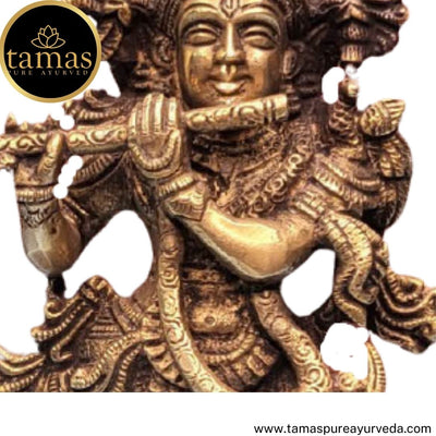 Tamas Brass Handcrafted Lord Krishna Murti Playing Flute Statue / Idol with Antique Finish (3 x 2 x 9.5 Inches, Golden) (Pack of 1) Free Premium Gift Box