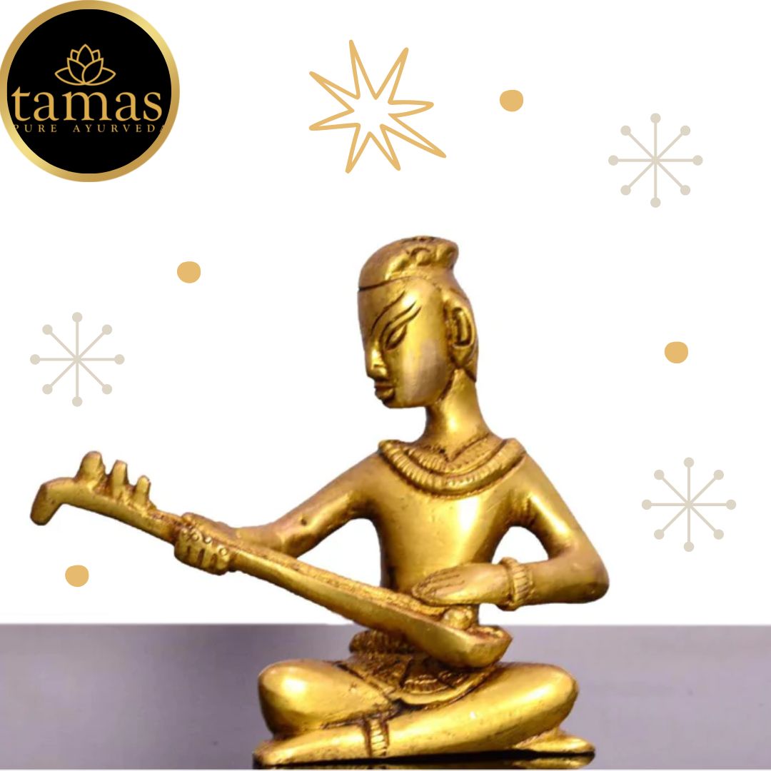 Tamas Brass Musician Playing Sitar Statue (6.5 x 9 Inches, Golden) (Pack of 1)