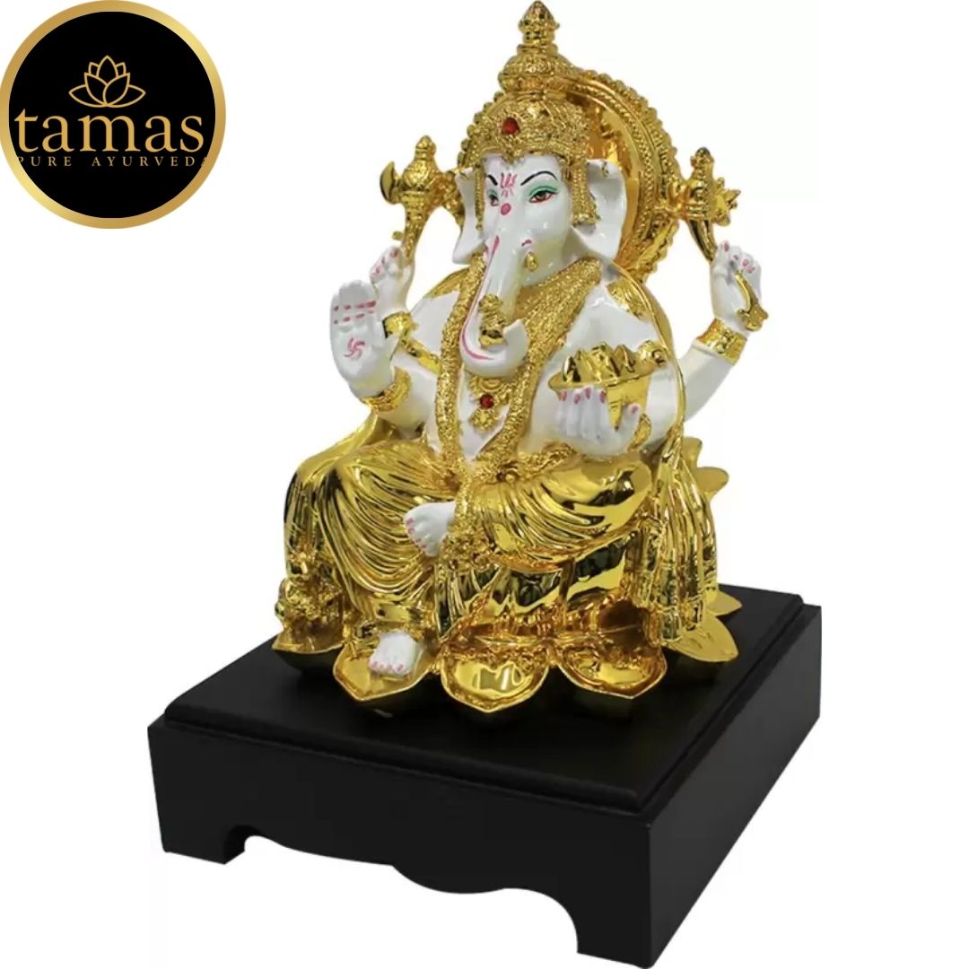 Tamas Poly Resin Gold Plated Lord Ganesh Ganpati Statue (9 Inches, White & Gold)
