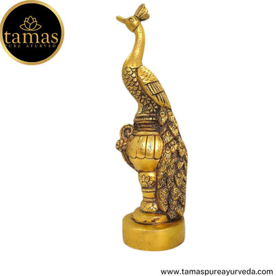 Tamas Brass Handcrafted Peacock Sitting on a Urn Statue / Idol with Antique Finish (2 x 3 x 11 Inches, Golden)