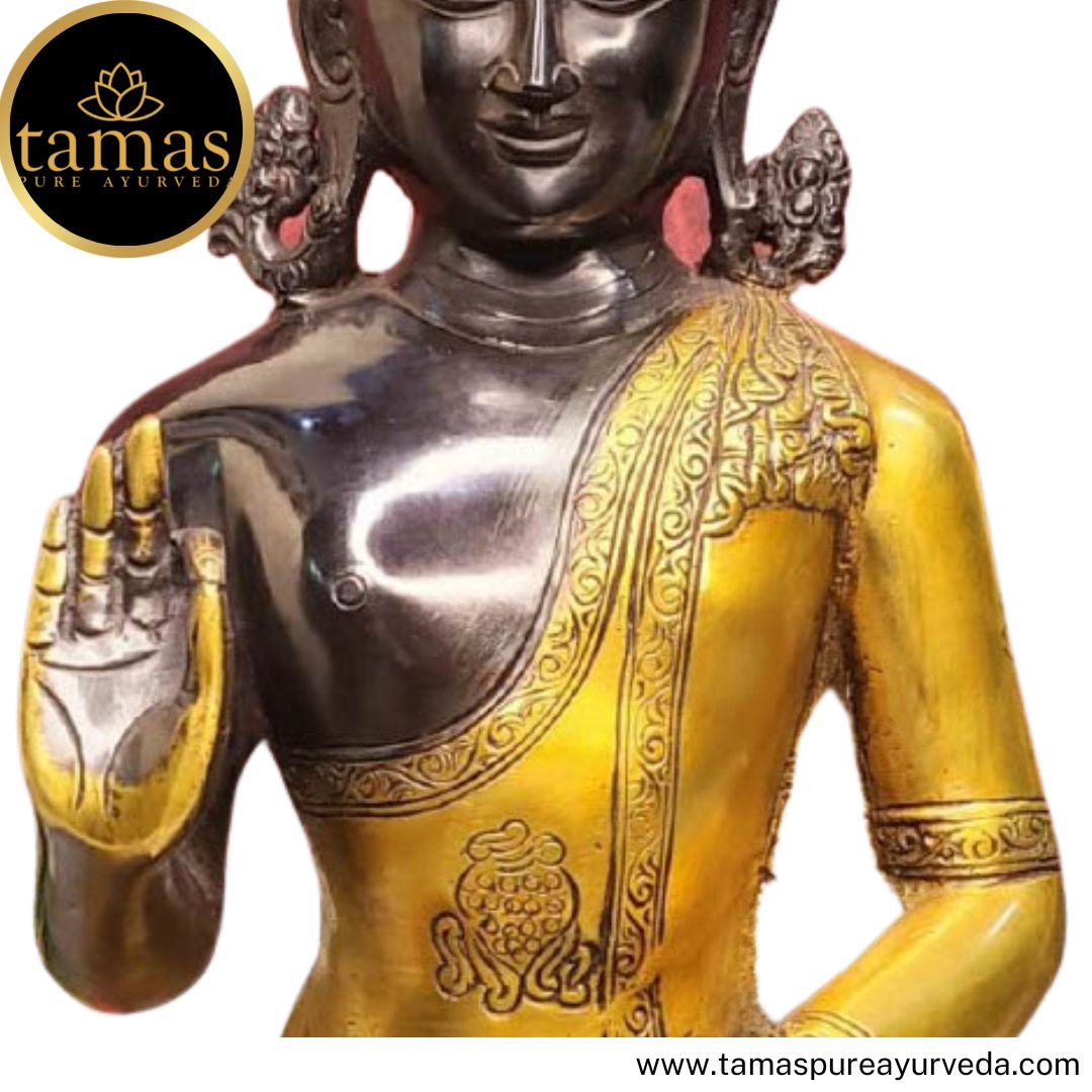 Tamas Brass Handcrafted Buddha In Deep Meditation Showpiece, Standard Statue / Idol with Antique Finish (10 x 6.5 x 12 Inches, Brown & Yellow) (Pack of 1)