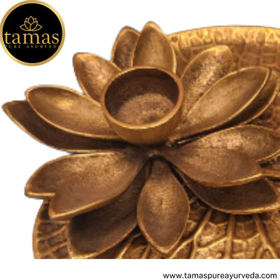 Tamas Brass Handcrafted Lotus Diya Leaf Plate with Antique Finish (6.5 x 7 x 3 Inches, Golden) (Pack of 1)