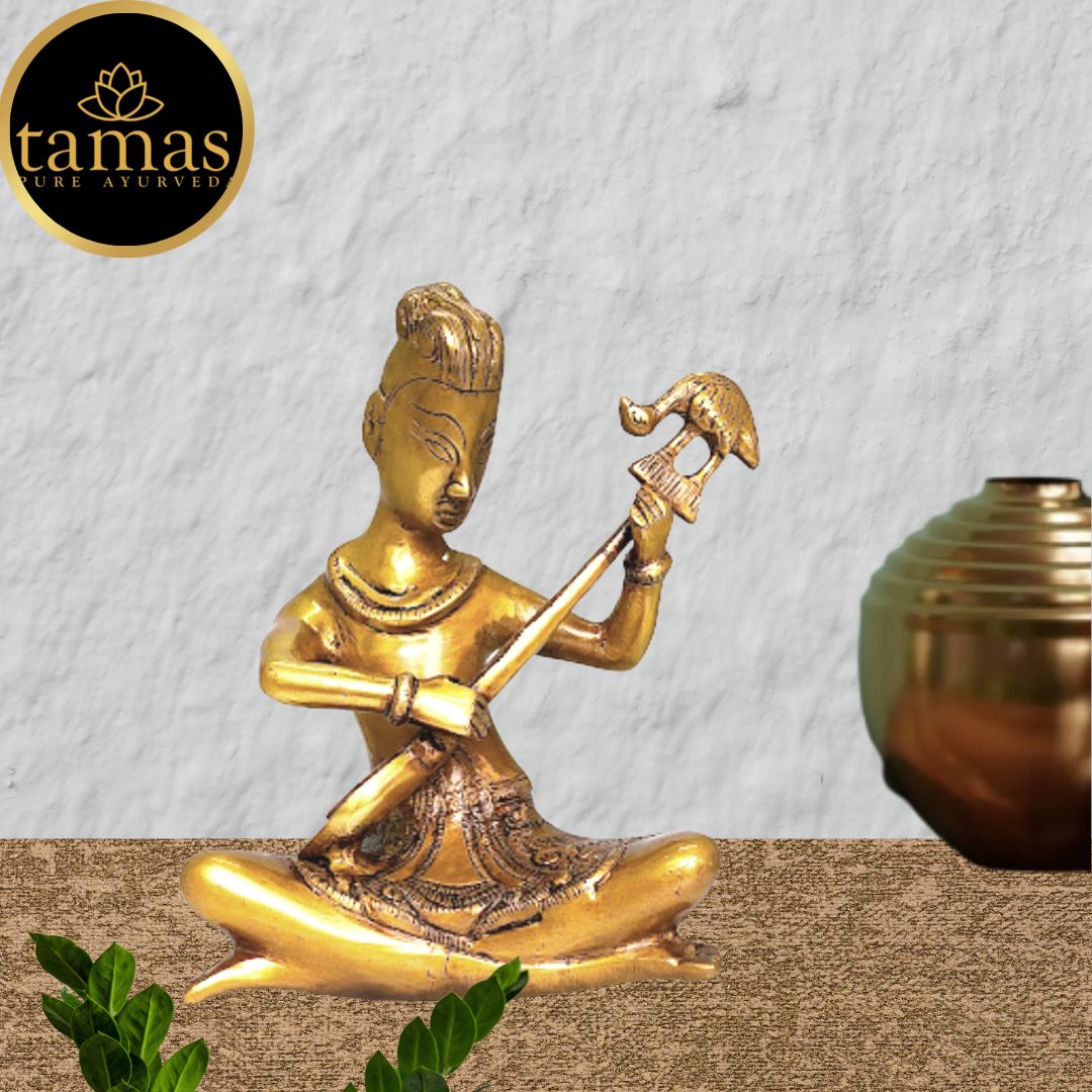 Tamas Brass Musician Sitting with Musical Instrument Sitar Showpiece (7 x 9 Inches, Golden) (Pack of 1)