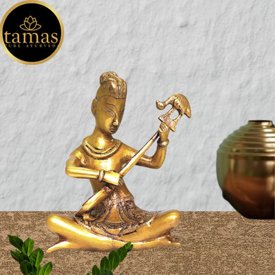 Tamas Brass Musician Sitting with Musical Instrument Sitar Showpiece (7 x 9 Inches, Golden) (Pack of 1)
