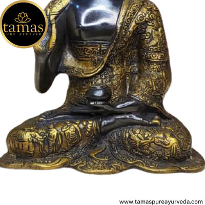 Tamas Brass Handcrafted Lord Buddha Statue / Idol with Antique Finish (8 x 5 x 10 Inches, Golden & Black) (Pack of 1)